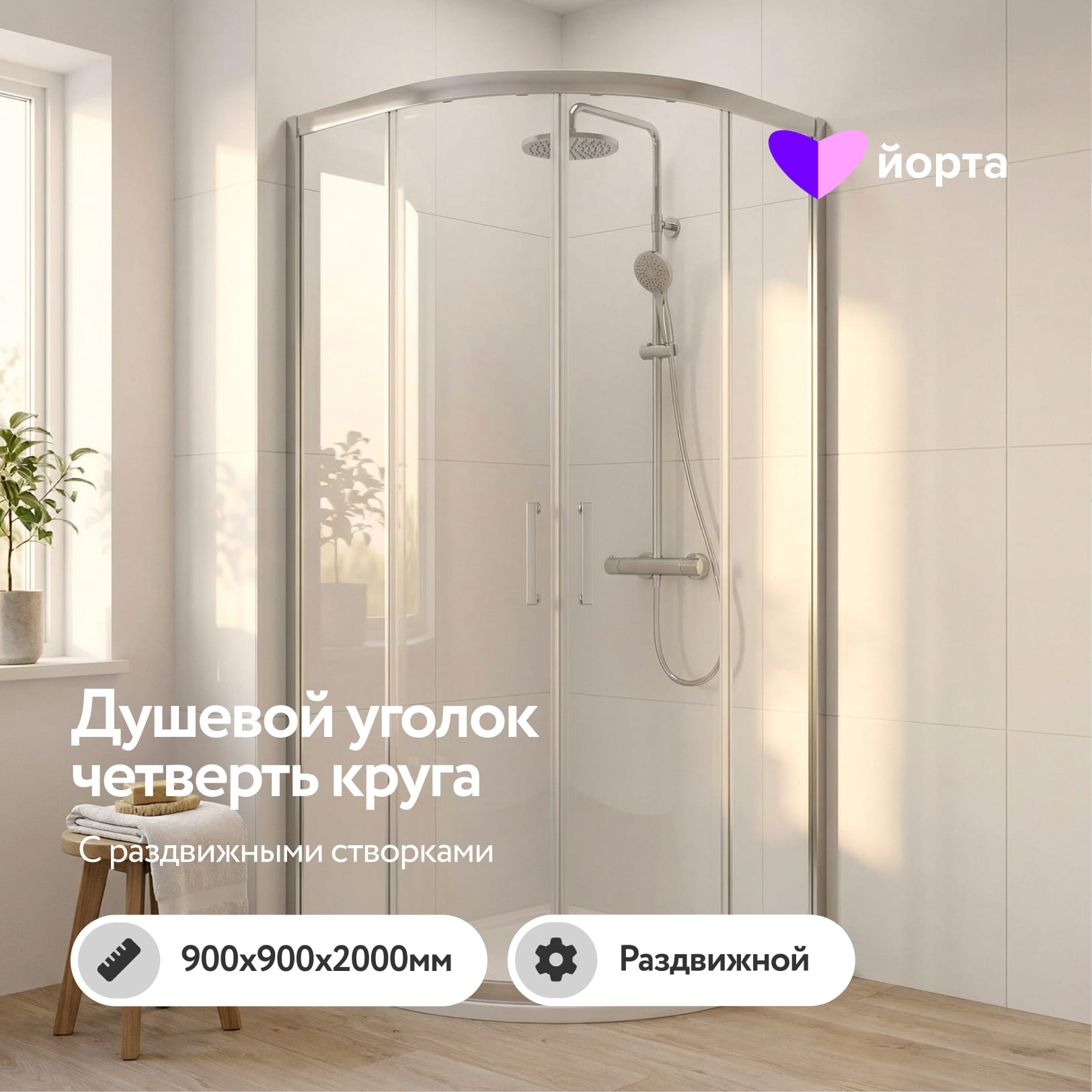 Душевой уголок, четверть круга с раздвижными створками 900 х 2000